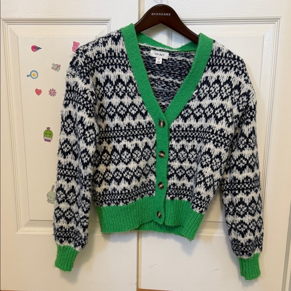 ON 34th Women's Black & White Fair Isle V-Neck Cardigan with Green Trim